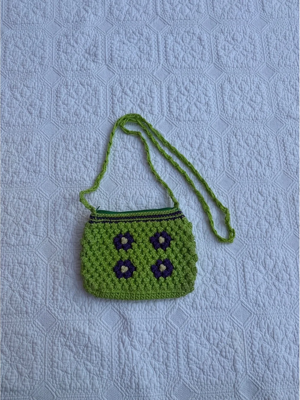 Handmade Green Crochet Crossbody Bag with Purple Flower Accents